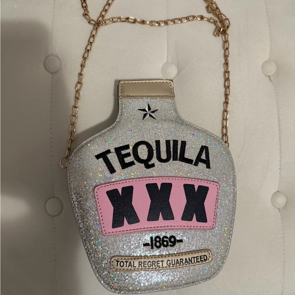 Glittery Silver and Pink Tequila Bottle Bag